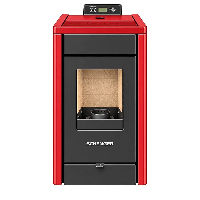SCHENGER Pelletofen HP07 rot 8,0 kW A++ Vollautomatisch WLAN -  - Roter und schwarzer SCHENGER Pelletofen mit Bedienfeld und Display.