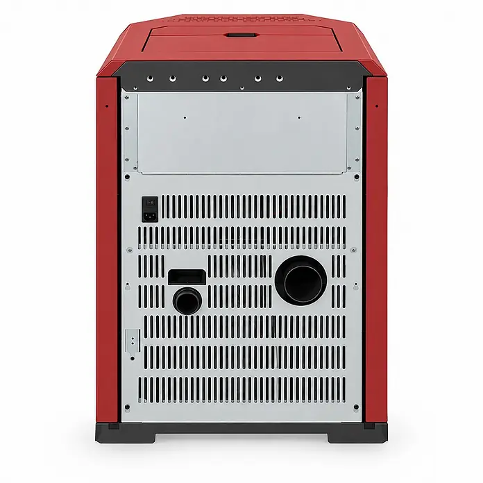 SCHENGER Pelletofen HLP3602 Rot 9,3 kW A++ Vollautomatisch WLAN -  - Rückansicht eines roten Heizgeräts mit grauer Metallplatte, Lüftungsschlitzen, Stromanschluss und zwei runden Anschlüssen.
