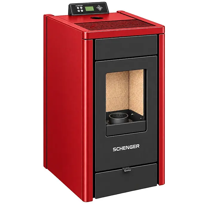SCHENGER Pelletofen HP07 rot 8,0 kW A++ Vollautomatisch WLAN -  - Roter und schwarzer SCHENGER Pelletofen mit Bedienfeld oben und sichtbarer Brennkammer.