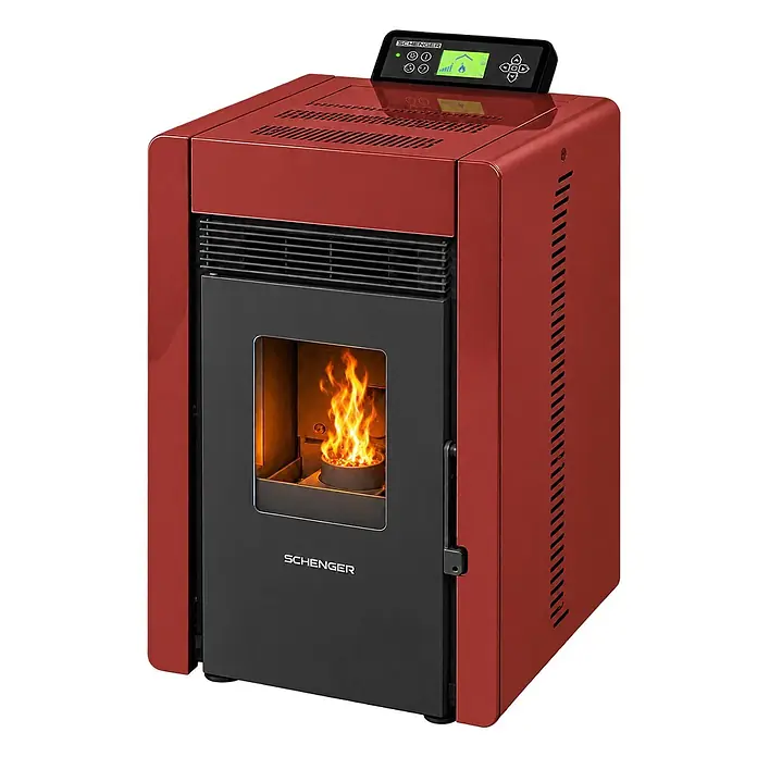 SCHENGER Pelletofen HLP3402 rot 5,5 kW A++ Vollautomatisch WLAN -  - Roter und schwarzer Pelletofen mit brennender Flamme hinter Glas und digitalem Display auf der Oberseite.