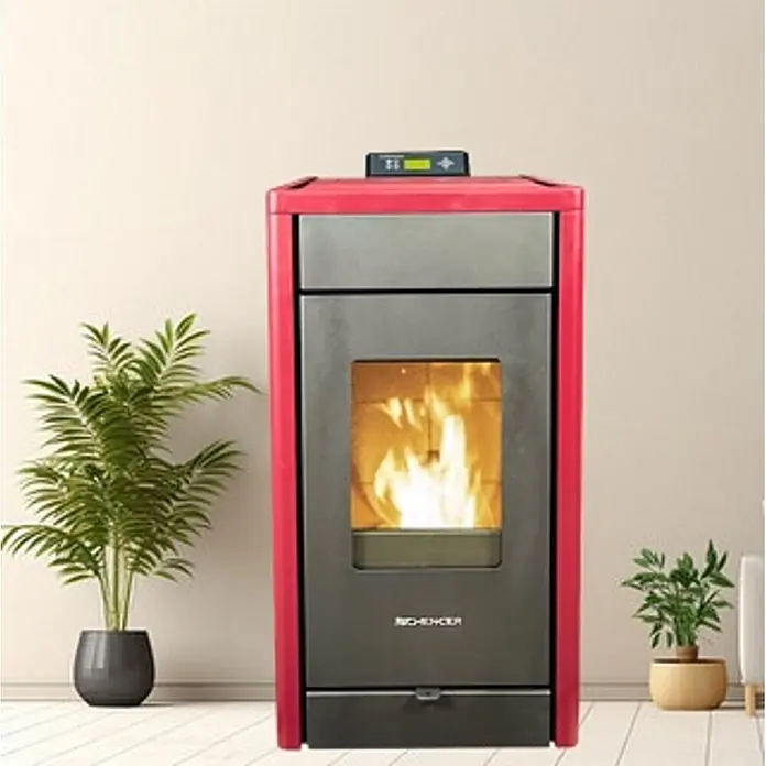 SCHENGER Pelletofen HP07 rot 8,0 kW A++ Vollautomatisch WLAN -  - Rot-dunkelgrauer Pelletofen mit aktiver Flamme hinter einer Glastür.