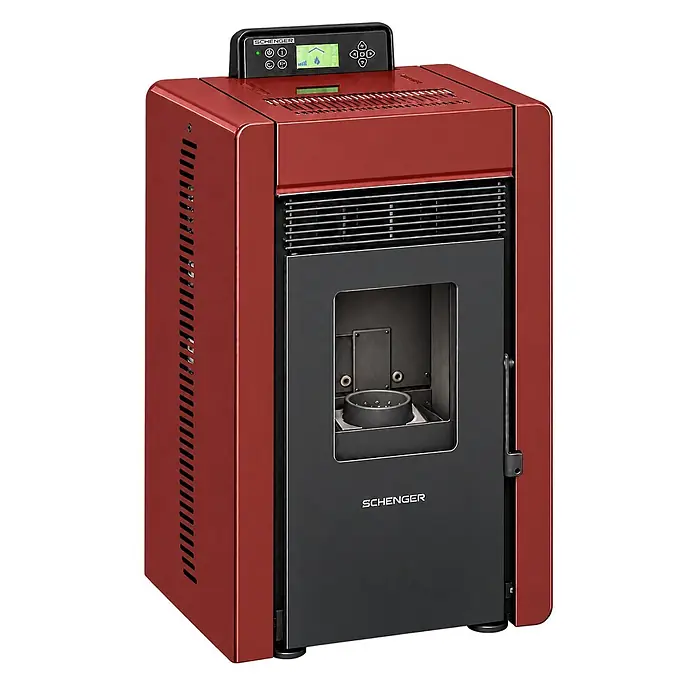 SCHENGER Pelletofen HLP3402 rot 5,5 kW A++ Vollautomatisch WLAN -  - Rot-schwarzer Pelletofen aus Metall mit digitalem Bedienfeld und sichtbarer Brennkammer.
