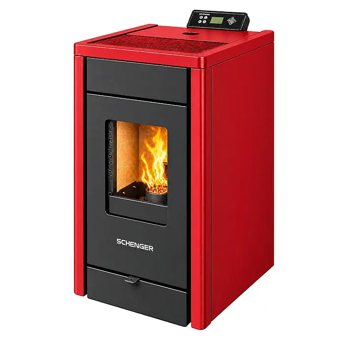 SCHENGER Pelletofen HP07 rot 8,0 kW A++ Vollautomatisch WLAN -  - Roter und schwarzer Pelletofen mit sichtbarer Flamme und digitalem Bedienfeld.