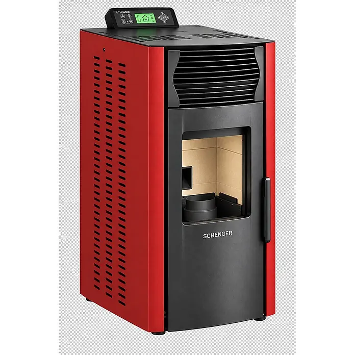 SCHENGER Pelletofen HP51 rot 8,8 kW A++ Vollautomatisch WLAN -  - Roter und schwarzer Pelletofen mit digitalem Bedienfeld und offener Brennkammer.