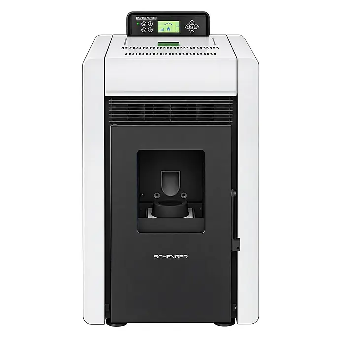 SCHENGER Pelletofen HLP3402 weiß 5,5 kW A++ Vollautomatisch WLAN -  - Weiß-schwarzer SCHENGER Pelletofen mit modernem Design, Bedienfeld oben und sichtbarer Brennschale.