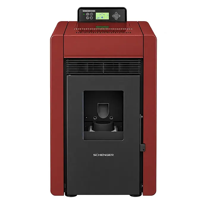 SCHENGER Pelletofen HLP3402 rot 5,5 kW A++ Vollautomatisch WLAN -  - Rot-schwarzer Pelletofen mit Bedienfeld oben und sichtbarer Brennkammer.