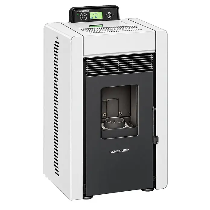 SCHENGER Pelletofen HLP3402 weiß 5,5 kW A++ Vollautomatisch WLAN -  - Weiß-dunkelgrauer Schenger Pelletofen mit Bedienfeld und Sichtfenster zur Brennkammer.