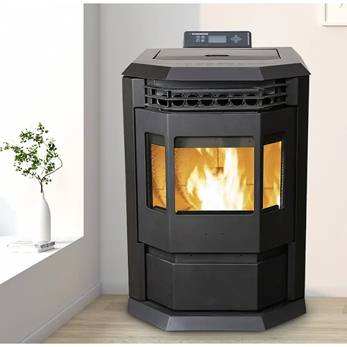 SCHENGER Pelletofen HLP3602 Schwarz 9,3 kW A++ Vollautomatisch WLAN -  - Schwarzer Pelletofen mit sichtbarer Flamme durch die Frontscheibe und Bedienfeld oben.
