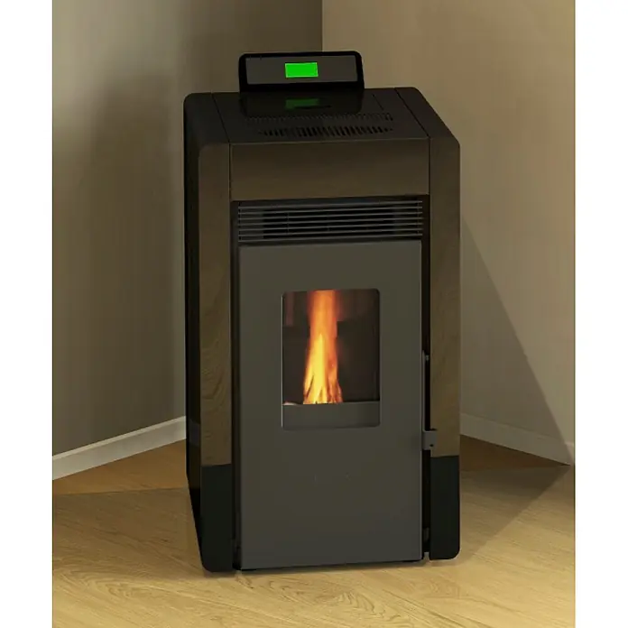 SCHENGER Pelletofen HLP3402 schwarz 5,5 kW A++ Vollautomatisch WLAN -  - Dunkler Pelletofen in Holzoptik mit grauer Tür und Flamme, für die Eckplatzierung, mit grünem Display.