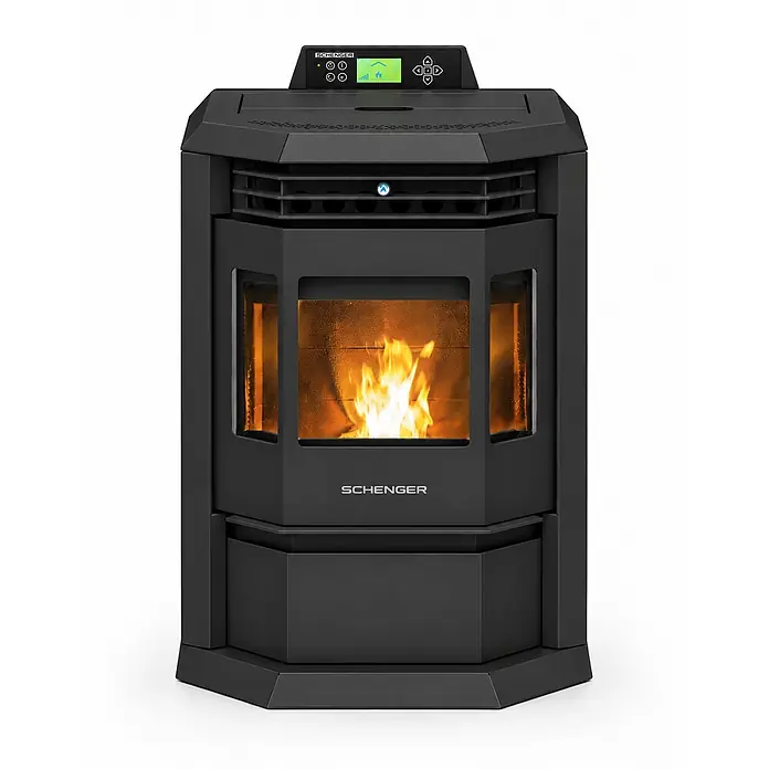 SCHENGER Pelletofen HLP3602 Schwarz 9,3 kW A++ Vollautomatisch WLAN -  - Schwarzer SCHENGER Pelletofen mit sichtbaren Flammen im Feuerraum und digitalem Bedienfeld.