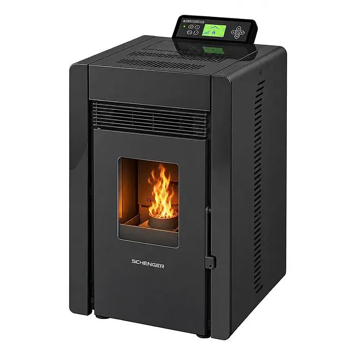 SCHENGER Pelletofen HLP3402 schwarz 5,5 kW A++ Vollautomatisch WLAN -  - Dunkelgrauer Pelletofen mit sichtbarer Flamme und digitalem Bedienfeld oben.