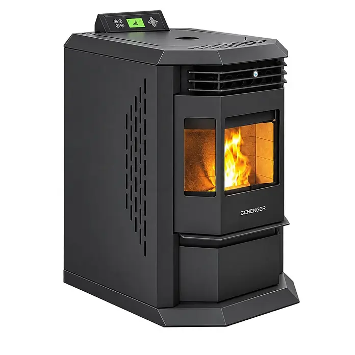 SCHENGER Pelletofen HLP3602 Schwarz 9,3 kW A++ Vollautomatisch WLAN -  - Dunkelgrauer Metall-Pelletofen mit Bedienfeld und sichtbarer Flamme hinter Glastür.