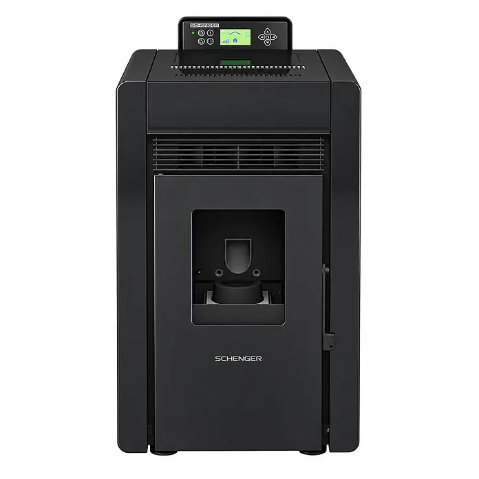 SCHENGER Pelletofen HLP3402 schwarz 5,5 kW A++ Vollautomatisch WLAN -  - Ein moderner dunkelgrauer SCHENGER Pelletofen mit digitalem Bedienfeld und offenem Brennraum.