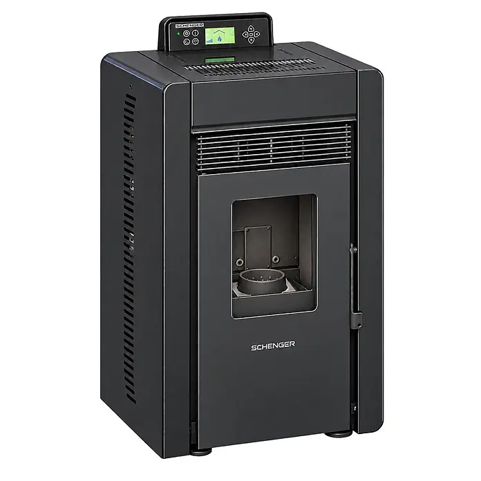 SCHENGER Pelletofen HLP3402 schwarz 5,5 kW A++ Vollautomatisch WLAN -  - Dunkelgrauer Pelletofen aus Metall mit vorderer Brennkammer und oberem Bedienfeld.