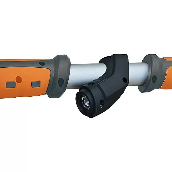 Toolson Wand- & Deckenschleifer DWS 225 BT - 710 W, Durchmesser Schleifteller: 210 mm - Schwarze Taschenlampe an silberner Stange zwischen orangefarbenen und schwarzen Werkzeuggriffen befestigt.