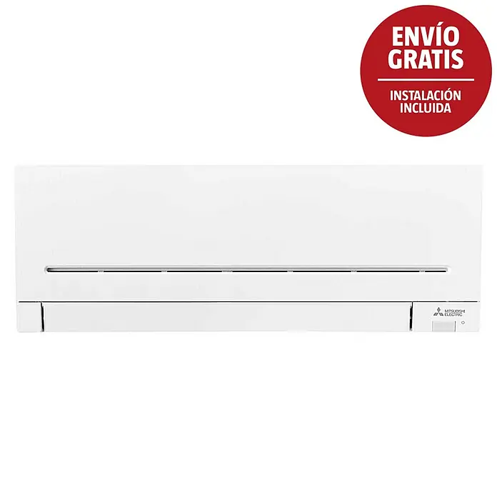 Mitsubishi Electric Aire acondicionado Inverter MSZ-AY25VGK + Instalación - 2.500 W, 3.200 W, 20 m², Blanco - Unidad interior de aire acondicionado Mitsubishi Electric blanca, vista frontal.