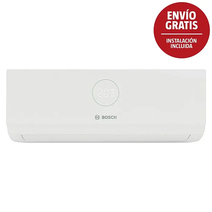 Bosch Aire acondicionado Inverter Climate 3000i + Instalación - 2.600 W, 2.900 W, 18 m², Blanco - Unidad interior blanca de aire acondicionado Bosch con pantalla digital que muestra 20 grados y un símbolo Wi-Fi.
