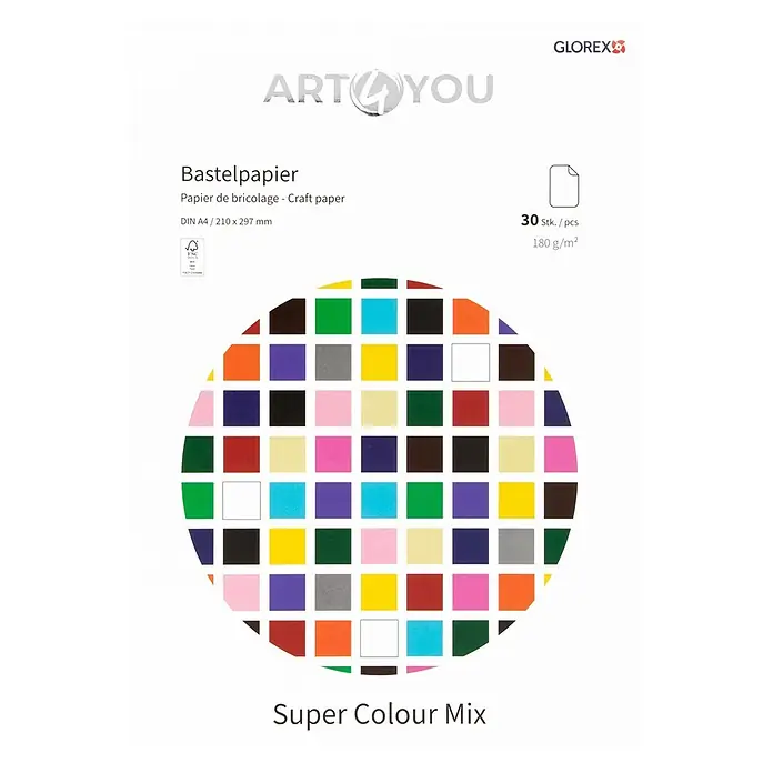 Glorex Bastelpapier-Mappe - DIN-A4-Format, 30 x 21 cm, Color Mix - GLOREX ART4YOU Bastelpapier 'Super Colour Mix'. 30 gemischte DIN A4 Blätter, 180 g/m², für kreative Projekte.