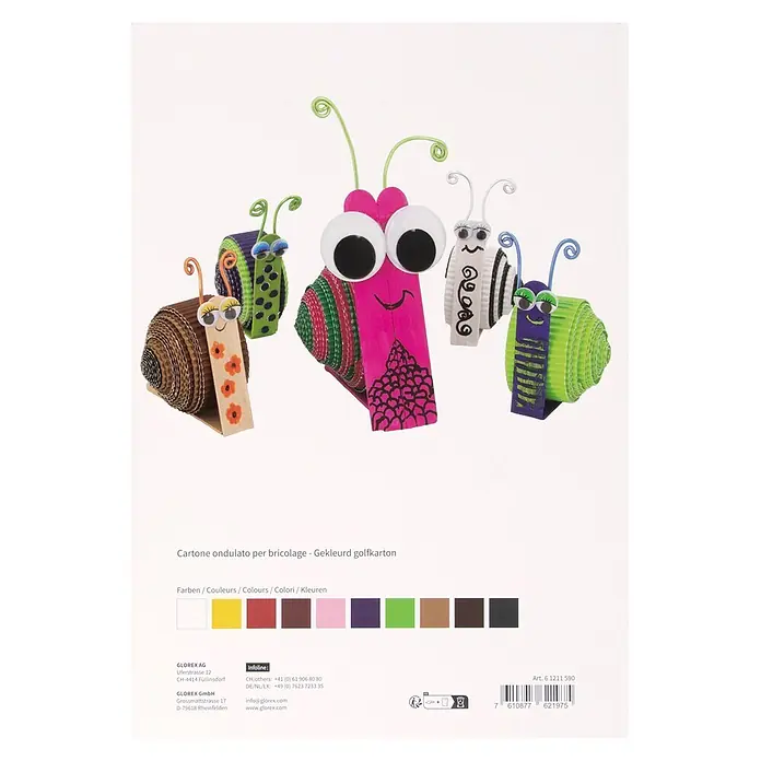 Glorex Bastelpapier-Mappe Wellpappe - 35 x 25 cm, Multicolor - Bunte Bastelschnecken aus Wellpappe, die die verfügbaren leuchtenden Farben zum Basteln zeigen.