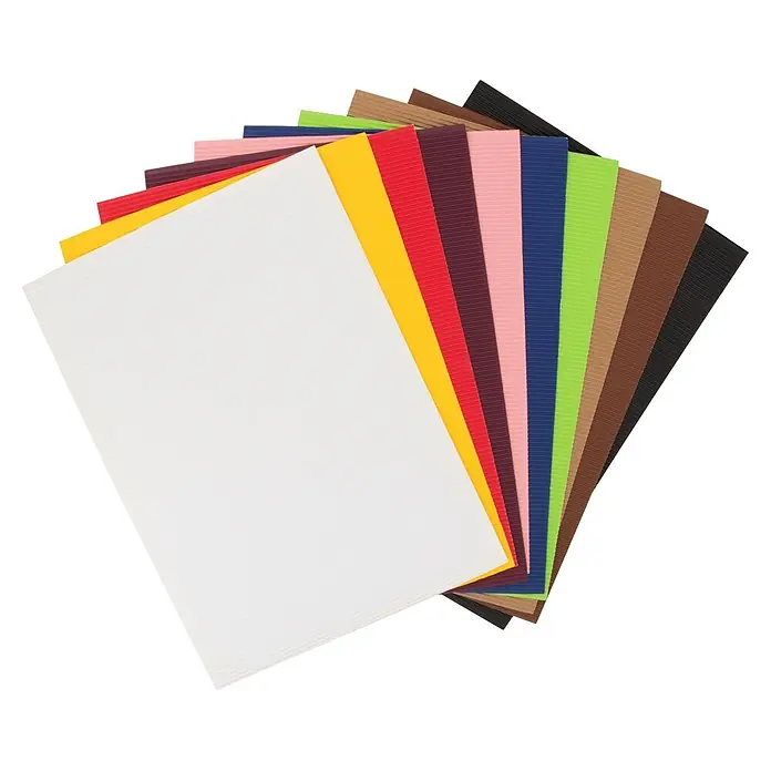 Glorex Bastelpapier-Mappe Wellpappe - 35 x 25 cm, Multicolor - Fächerförmig ausgelegte Wellpappeblätter in verschiedenen Farben, darunter Weiß, Gelb, Rot und Blau, ideal für Bastelarbeiten.