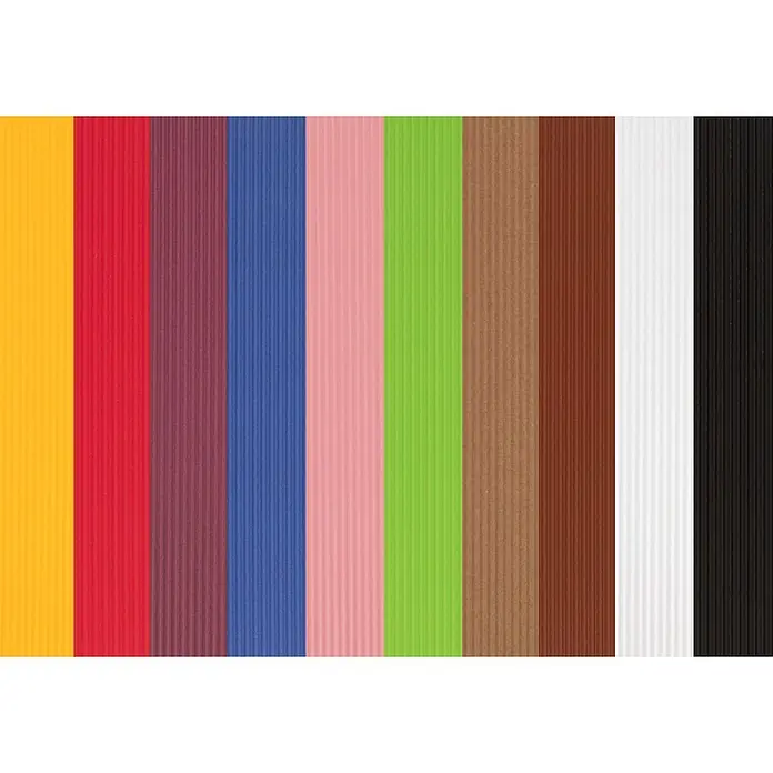 Glorex Bastelpapier-Mappe Wellpappe - 35 x 25 cm, Multicolor - Mehrere Wellpappeblätter in verschiedenen Farben, die ihre gerippte Textur zeigen.