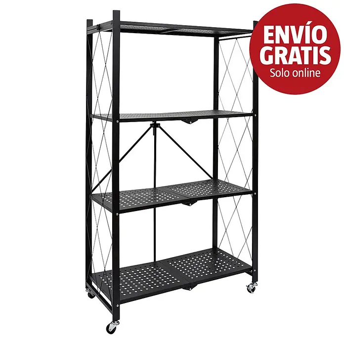 Home Deco Factory Estantería metálica Bristot Indus - L x An x Al: 34 x 71 x 127 cm, Capacidad de carga: 40 kg, Negro - Estantería plegable de metal negro de 4 niveles con baldas perforadas y ruedas.