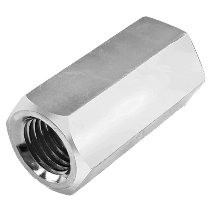 Sechskant-Verbindungsmutter - M 8, Länge: 30 mm - Nahaufnahme einer zylindrischen, verzinkten Verbindungsmutter, die ein Innengewinde aufweist, zur Verlängerung von Gewindeverbindungen.
