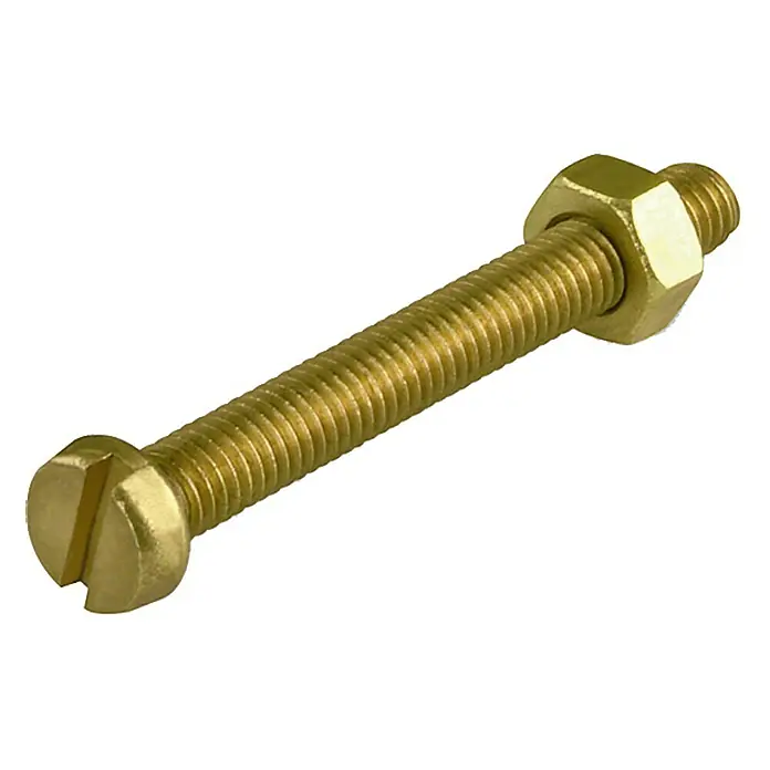 Zylinderschraube MS - M 4, Länge: 10 mm, 12 Stk., Messing - Nahaufnahme einer Messingschraube mit Schlitzkopf und aufgeschraubter Mutter vor einem weißen Hintergrund.