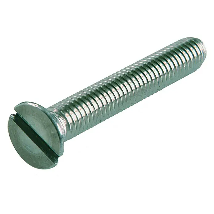 Senkkopfschraube A2 - M 4, Länge: 16 mm, Edelstahl, 8 Stk. - Nahaufnahme einer glänzenden Schlitzschraube mit Gewinde und flachem Kopf, ideal für präzise Befestigungen in verschiedenen Anwendungen.
