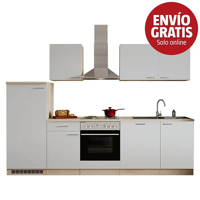Respekta Cocina modular completa Petunia - Ancho: 280 cm, Blanco, Sin electrodomésticos - Mueble de cocina modular gris claro con detalles en madera, horno, placa, fregadero, campana extractora y armarios.