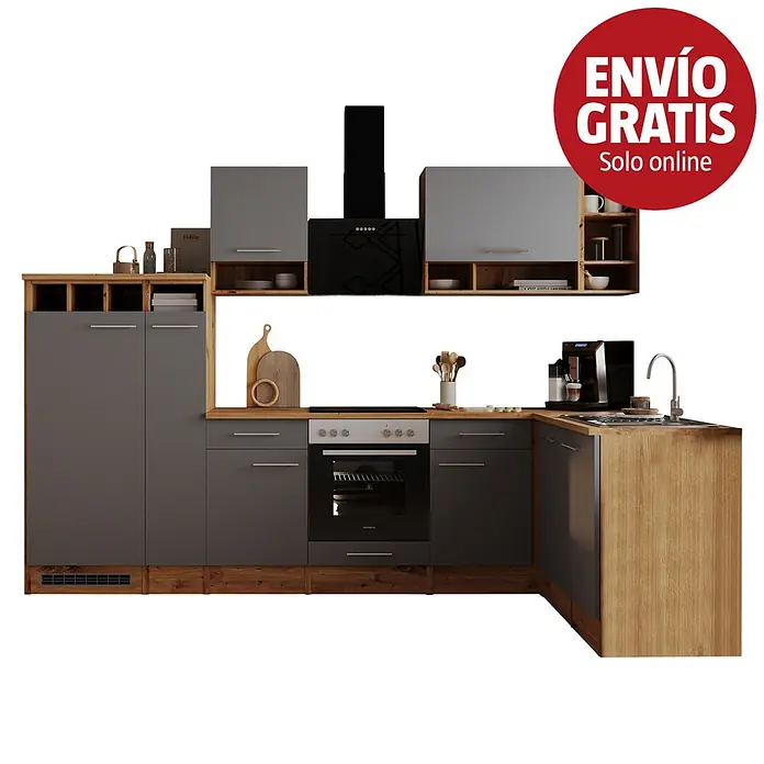 Respekta Cocina modular completa esquinera Hilde - An x L: 310 x 172 cm, Gris, Mate, Efecto madera, Sin electrodomésticos - Conjunto de cocina en L con gabinetes grises, encimeras de madera y electrodomésticos negros.