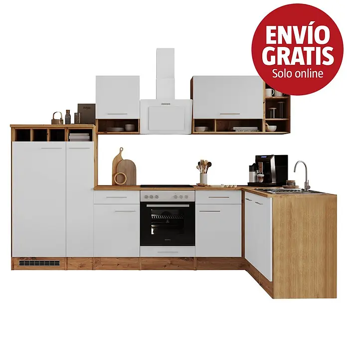 Respekta Cocina modular completa esquinera Hilde - An x L: 310 x 172 cm, Blanco, Mate, Efecto madera, Sin electrodomésticos - Cocina moderna en L con frentes blancos y detalles efecto madera clara, incluye horno, placa, fregadero y campana extractora.