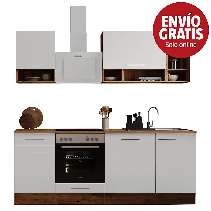 Respekta Cocina modular completa Hilde - Ancho: 220 cm, Blanco, Mate, Sin electrodomésticos, Efecto madera - Conjunto de cocina moderno con muebles altos y bajos blancos, encimera efecto madera, horno integrado, placa, fregadero y campana extractora blanca.