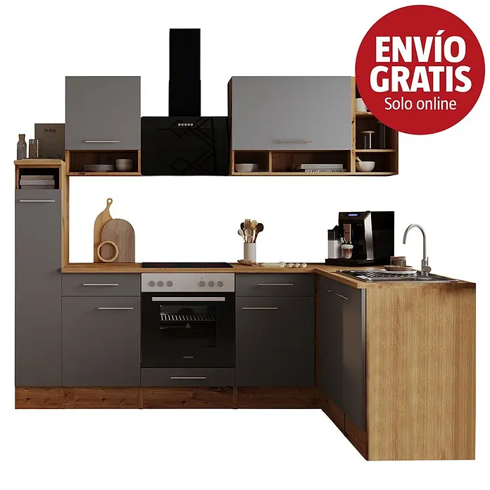 Respekta Cocina modular completa esquinera Hilde - An x L: 250 x 172 cm, Gris, Mate, Efecto madera, Sin electrodomésticos - Cocina en L con armarios grises, encimeras de madera, electrodomésticos negros y fregadero.