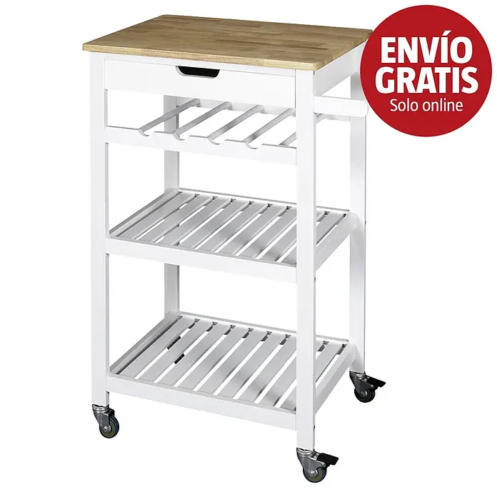 Home Deco Factory Carro de cocina Bristot Indus - L x An x Al: 40 x 62,5 x 85,5 cm, Blanco/Pino - Carro de cocina blanco con encimera de madera, cajón, botellero y dos estantes de lamas con ruedas.