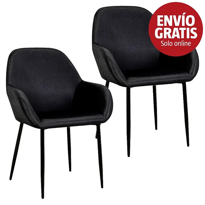 Silla butaca Giulia - Negro, 2 pzs. - Dos sillas de comedor negras con tapicería acanalada y patas de metal negras.