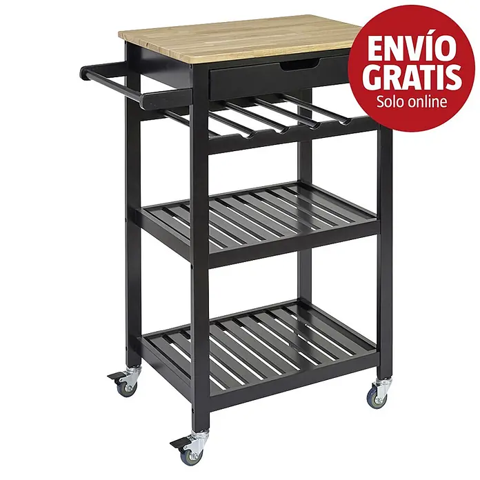 Home Deco Factory Carro de cocina Bristot Indus - L x An x Al: 40 x 62,5 x 85,5 cm, Negro/Pino - Carro de cocina de metal negro con tablero de madera, cajón, botellero, dos estantes de lamas y ruedas.