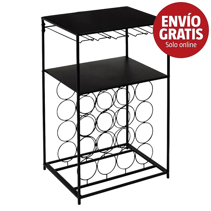 Home Deco Factory Botellero Bristot Indus - L x An x Al: 35 x 45 x 70 cm, 16 Botellas, Hierro - Botellero de metal negro con dos estantes, soporte para copas integrado y compartimentos para botellas.