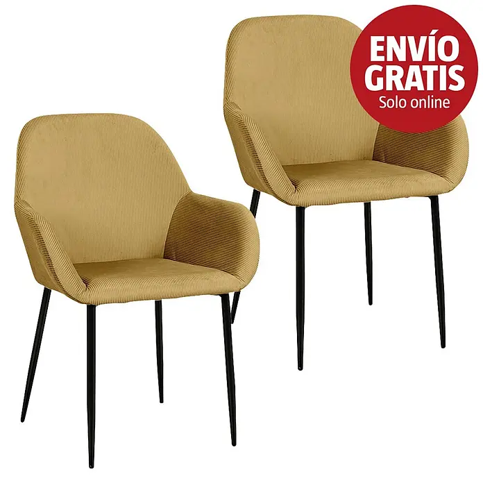Home Deco Factory Silla butaca Giulia - Mostaza, 2 pzs. - Dos sillas tapizadas en amarillo mostaza con tela acanalada y patas de metal negro.