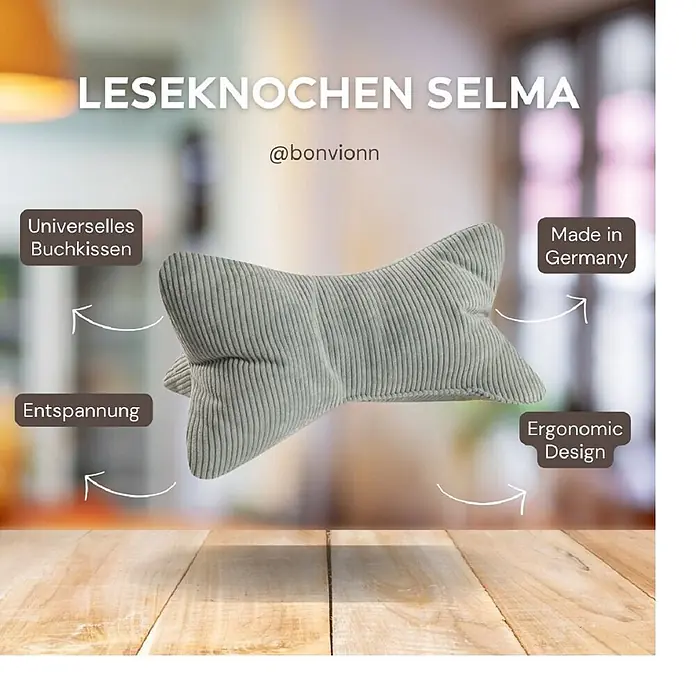 Leseknochen Selma Cord Look mint -  - Hellgraues, geripptes Leseknochen-Kissen aus Cord, vielseitig als Buchkissen nutzbar, ergonomisch und Made in Germany, fördert Entspannung.