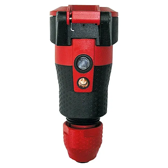 ABL Sursum Gummi-Schutzkontakt-Kupplung SCHUKOultra Pro - Rot/Schwarz, 250 V, IP54 - Roter und schwarzer Kabelverbinder mit LED-Anzeige für sichere elektrische Verbindungen.