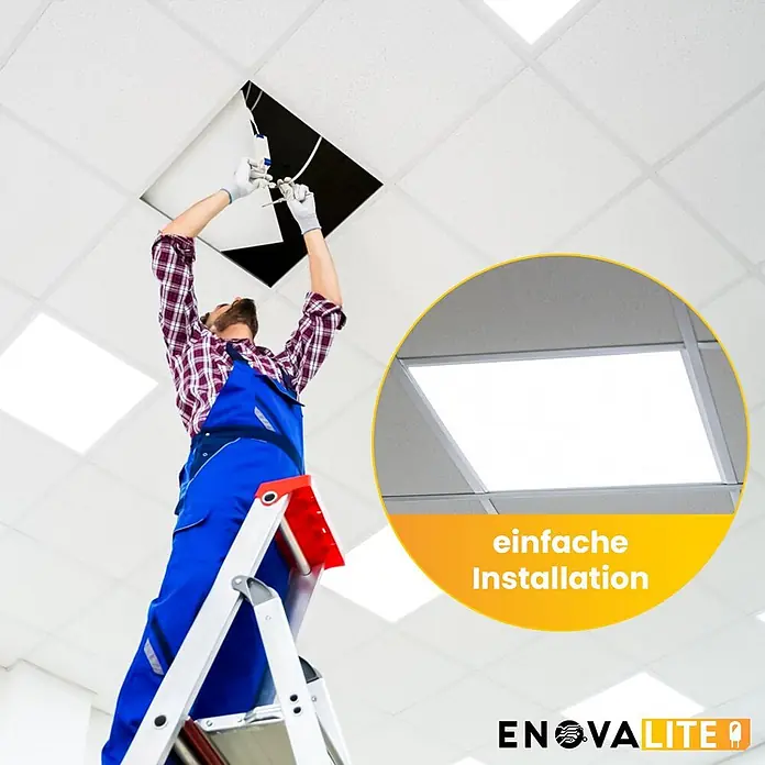 ENOVALITE LED Panel 36 W 4000 K neutralweiß -  - Mann installiert eine helle LED-Deckenleuchte in eine Rasterdecke, was die einfache Montage zeigt.