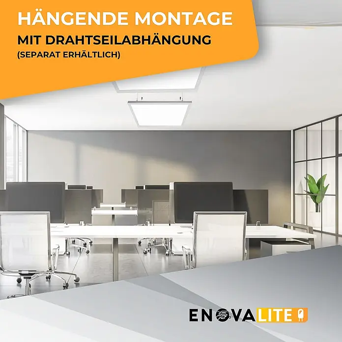 ENOVALITE LED Panel 36 W 3000 K warmweiß -  - Quadratisches LED-Panel mit Drahtseilabhängung in modernem Büroambiente.