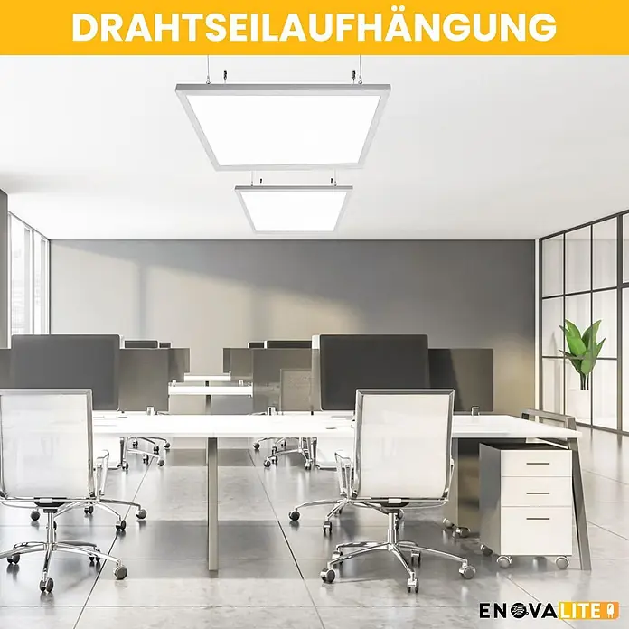 ENOVALITE LED Panel 36 W 4000 K neutralweiß -  - Weiße LED-Paneele mit Drahtseilaufhängung beleuchten ein modernes Büro.