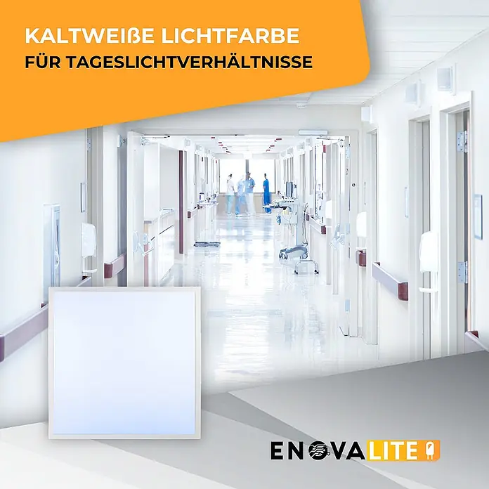 ENOVALITE LED Panel 36 W 6000 K kaltweiß -  - Quadratische, kaltweiße LED-Leuchte in einem Krankenhausflur, sorgt für helles Licht bei Tageslichtverhältnissen.