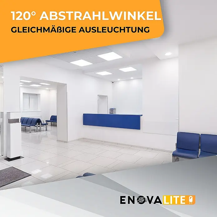 ENOVALITE LED Panel 36 W 3000 K warmweiß -  - Hell beleuchteter Empfangsbereich mit Decken-LED-Panels, die 120° gleichmäßige Ausleuchtung bieten.