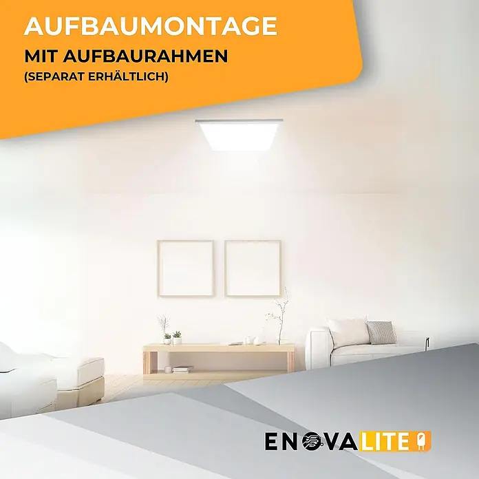 ENOVALITE LED Panel 36 W 3000 K warmweiß -  - Quadratische LED-Panel-Leuchte, als Aufbauleuchte an der Decke montiert, beleuchtet ein modernes Wohnzimmer.