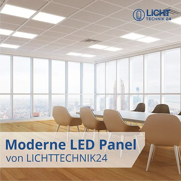 ENOVALITE LED Panel 36 W 4000 K neutralweiß -  - Moderne quadratische LED-Deckenpaneele beleuchten einen hellen Bürobesprechungsraum mit Stadtblick.