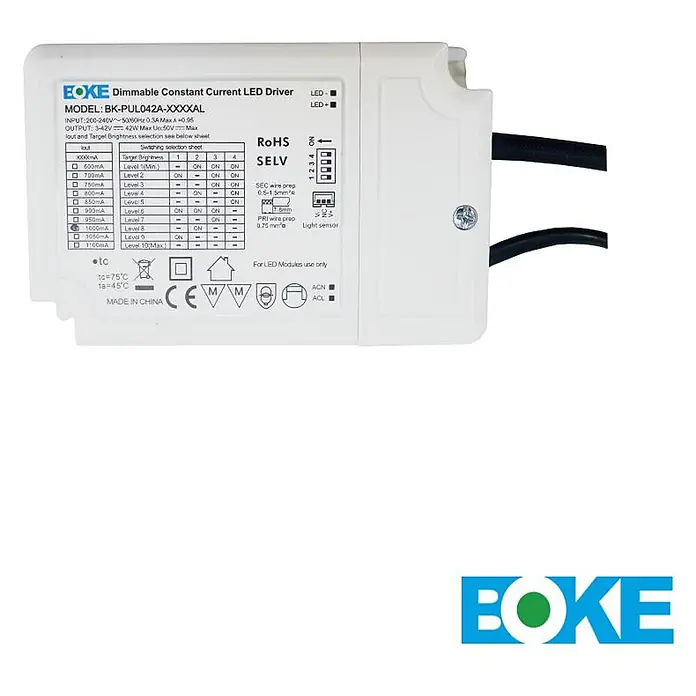 ENOVALITE LED Panel 30 W 4000 K neutralweiß -  - Weißer EOKE dimmbarer Konstantstrom LED-Treiber, mit technischem Etikett und Anschlusskabeln.