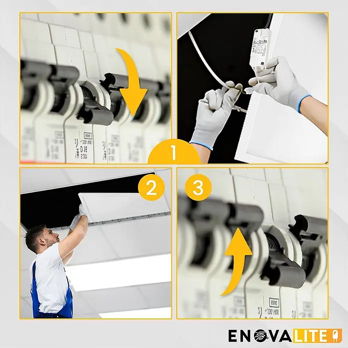 ENOVALITE LED Panel 36 W 4000 K neutralweiß -  - Installationsanleitung für eine LED-Plattenleuchte: Strom abschalten, Verdrahtung anschließen und Platte montieren.